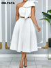 Women Big Bow Shoulder Skew Collar Big Swing Knee Length Dress Belt Street Vestidos Sexy Party Evening Chic Dresse