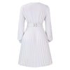 Elegant Dresses Woman V Neck Full Sleeve Pleated Mid Calf Belt Waisted African Female Birthday Party Dress