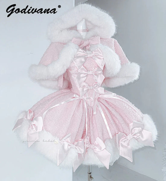 Winter Glitter Sequined Tweed Tube Top Dress Hooded Fur Cape Jacket Girl Women's Cute Bow Year Furry Cloak Dress Set