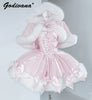 Winter Glitter Sequined Tweed Tube Top Dress Hooded Fur Cape Jacket Girl Women's Cute Bow Year Furry Cloak Dress Set
