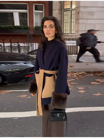 Women Color Block Short Wrap Coat Lapel Collar Waist Tie Faux Fur Cuffs Long Sleeve Loose Elegant Fall Winter Daily Outerwear