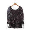Autumn Women Vintage Floral Print Chiffon Dress Sexy Semi-Sheer Long Sleeve Layered Ruffle Ladies Short Dress