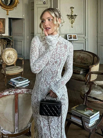 Elegant White Lace Midi Dress Women's Turtleneck Long Sleeve Ruched Bodycon Dresses Evening Party Cocktail Female Winter Autumn