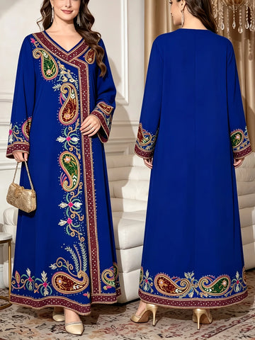 Plus Size Middle Eastern Gown Western V-Neck Printed Women's Dress for Commute Loose Vacation Style Long Sleeve Dress