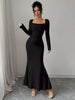 Women's Four Seasons Women's Elegant Temperament Retro Solid Color Square Collar Long Sleeve Dress