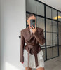Burgundy PU Jacket Women Autumn Slim Lace Up Blazer Top Fall Casual Leather Jackets Coat Femme