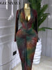 Women Printed V-neck Ruched Bodycon Midi Maxi Long Dress Vacation Birthday Holiday Party Dresses Vestidos