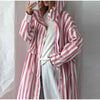 Striped Hooded Long Trench Coat Drawstring Waist Open Front Spring Women Glam Outerwear Warm Casual Lady Windbreaker Jacket