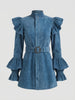 Women's Vintage Blue Denim Mini Dress High Neck Ruffle Puff Sleeve Flare Cuff Belted Waist Elegant Party Bodycon Dress