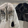 Real Fur Denim Jacket Women Autumn Fried Street Style Natural Fox Fur Collar + Rabbit Fur Liner Warm Rivet Short Jean Coat