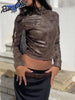 Retro Solid Lace Up Leather Short Jackets Women Chic Lapel V-neck Waist Cinching Cropped Jackets Lady Daily High Street Outwear