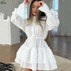 Elegant White Cotton Women's Dress Lace-Up Neck Lace Long Sleeve Dresses Autumn Loose Pleated Mini Dress Female