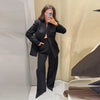 Balck Pants Set For Women Casual Stand Collar Single Breasted Blazer Wide-leg Pants Lady Spring Chic Street Outfits
