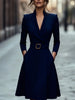 Women Long Sleeve V Neck Midi Dress With Belt A Line Swing Skirt Elegant Office Party Cocktail Wear
