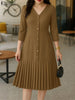 Women's Pleated Midi Dress Elegant V-Neck 3/4 Sleeve Button Up A-Line Dresses Office Commuting Wear Woman Clothing S-3XL