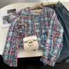 Women's Woven Coarse Patterned Plaid Long Sleeved Short Jacket Tweed Coats Elegant Outwear