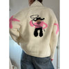 Women Shawl Collar Cardigan Long Sleeve V Neck Y2K Aesthetic Graphic Print Button Down Sweater Knitwear Coat Tops