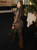 Sexy 2 Piece Set Women See Through Midnight Party Full Sleeve Crop Tops+Pants Matching Clubwear Skinny Autumn Outfits