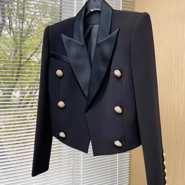 Brand Autumn Cropped Jackets Women Black Blazer Lapel Metal Button Long Sleeves Office Lady Coat Cropped Blazer Short Top