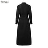 Women Autumn Cargo Maxi Long Dresses Casual Long Sleeve Pockets Belted Collared Shirt Dress Commuting Workwear S-3XL