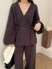 Women's Knit 2 Piece Set Lace-up Gathered Wast Cardigan Coats High Waist Wide Leg Pants Winter 26C1023