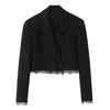 Women Lace Patchwork Black Crop Blazer Front Double-breasted Long Sleeve Suit Jacket