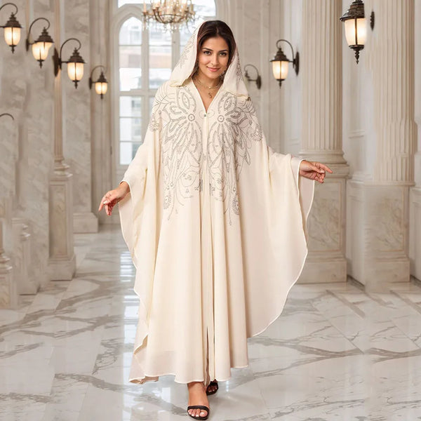 Eid Muslim Dress for Women Bat Sleeve Abaya Diamond Flower Party Dresses Kaftan Cardigan Chiffon Long Robe Lady