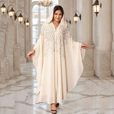 Eid Muslim Dress for Women Bat Sleeve Abaya Diamond Flower Party Dresses Kaftan Cardigan Chiffon Long Robe Lady