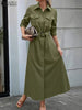 Women Autumn Cargo Maxi Long Dresses Casual Long Sleeve Pockets Belted Collared Shirt Dress Commuting Workwear S-3XL