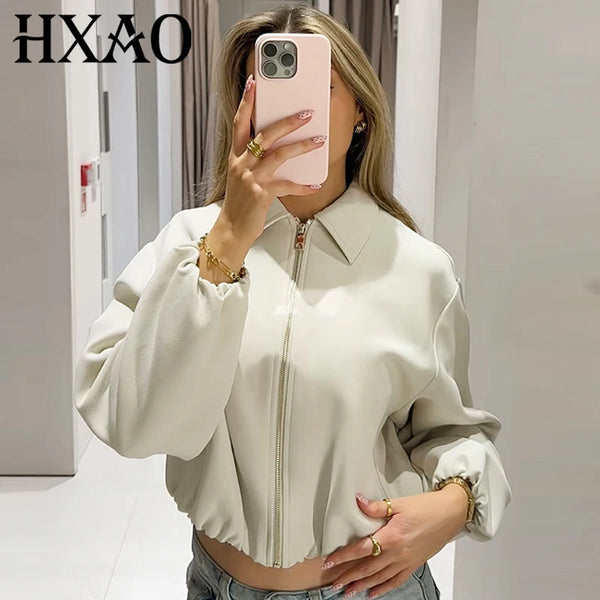 Women's Puffer Jacket Autumn Puff Beige Crop Coat Zip Up Oversized Jacket Plus Size Long Sleeve Tops Loose Outerwears
