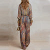 Boho Paisley Print Two-Piece Set for Women Sexy V-Neck Long Sleeve Blouse Top & Wide Leg Pants Casual Loose Suit for Vacation