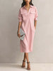 Minimalist Solid Color Shirt Dress For Women Elegant Half Sleeves Button Turndown Collar Pockets Dress Casual Daily Midi Dresses