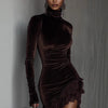 Long Sleeve Lace Patchwork Sexy Velvet Dress Women Autumn Winter Turtleneck Party Dress Elegant Slim Simple Ladies Dress