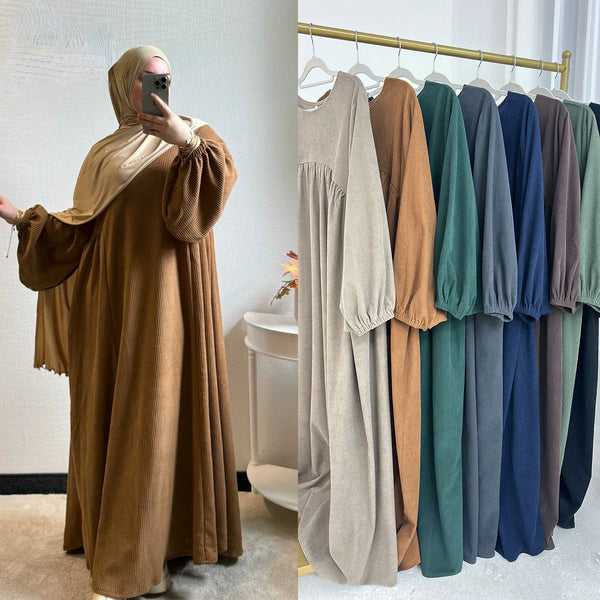 Dubai Corduroy Abaya for Muslim Women Eid Ramadan Modest Dress Loose Large Elegant Gown Islam Clothing Turkey Solid Robe