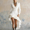 Elegant Ruffled Waist Pleat Long Dress Women's Irregular Solid Slim Party Dress Sexy V-neck Long Sleeve Wash Denim Dress