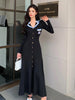 Brand Knitted Maxi Dress Elegant Turn-down Collar Embroidery Long Sleeve Shirt Dress Lady Sweater Vestidos