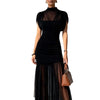 Elegant Sheer Maxi Dress Women High Neck Cap Sleeve Ruched Bodycon Mini Skirt Overlay Tulle Floor Length Evening Party Dress