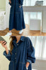 Korean Style Women's Dark Blue Solid Color Spliced Long Sleeve Turn-down Collar Loose Ankle Length Jean Dress