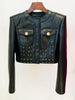 High Street Designer Blazer Women's O-neck Rope Lace-Up Trimmed Artificial Leather Jacket
