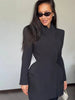 Women Waist Cinching Suit Jacket Elegant V-neck Full Sleeve Single Button Shoulder Pad Slim Coat Lady Commute Outerwear