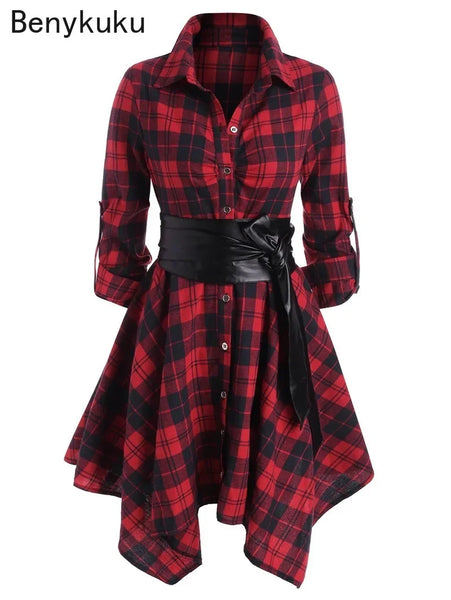 Gothic Casual Dress Women Red Plaid Belted Roll Tab Sleeve Handkerchief Dress Vestidos Autumn Long Sleeve A-Line Party Dress