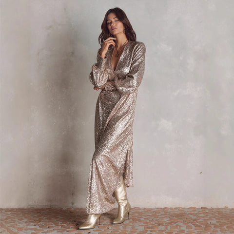 Elegant Slit Sequin Dress Women Autumn Winter Long Sleeve V-neck Loose Maxi Party Dresses Casual