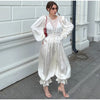 Women Pant Set Satin Lace Round Neck Puff Long Sleeve Button Front Drawstring Waist Blouse Cuffed Ruffle Hem Pants Elegant Suit