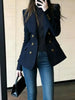 French High-grade Navy Blue Double-Breasted Blazer Jacket Outwear Women's Spring Loose Commuter Suit Jacket Top