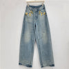 Chic Y2K Style Metal Decoration Washed Blue Women's Stacked Jeans Pants For Woman Clothing Wide Leg Vintage Denim Trouserso