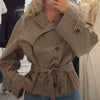 Women Plaid Short Trench Coat Lapel Double Breasted Belted Waist Long Sleeve Cropped Windbreaker Casual Outerwear Jacket