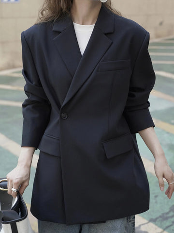 Design Slanted Placket and Back Slit Coats, Loose Fitting Suit, Slimming Jacket for Women