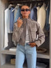 Women Faux Suede Cropped Utility Jacket Stand Collar Zip Pocket Epaulet Long Sleeve Short Coat Autumn Street Daily Casual Outfit