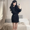 Black Korean Style Retro Elegant Two Piece Set Women Tassels Short Jackets Casual Strap Party Mini Dress Female Y2k Suit