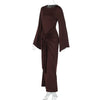 Autumn Elegant O-Neck Long Flare Sleeve Ruched Slim Fit Ribbon Long Dress Women'S Solid Casual Party Club Outfit
